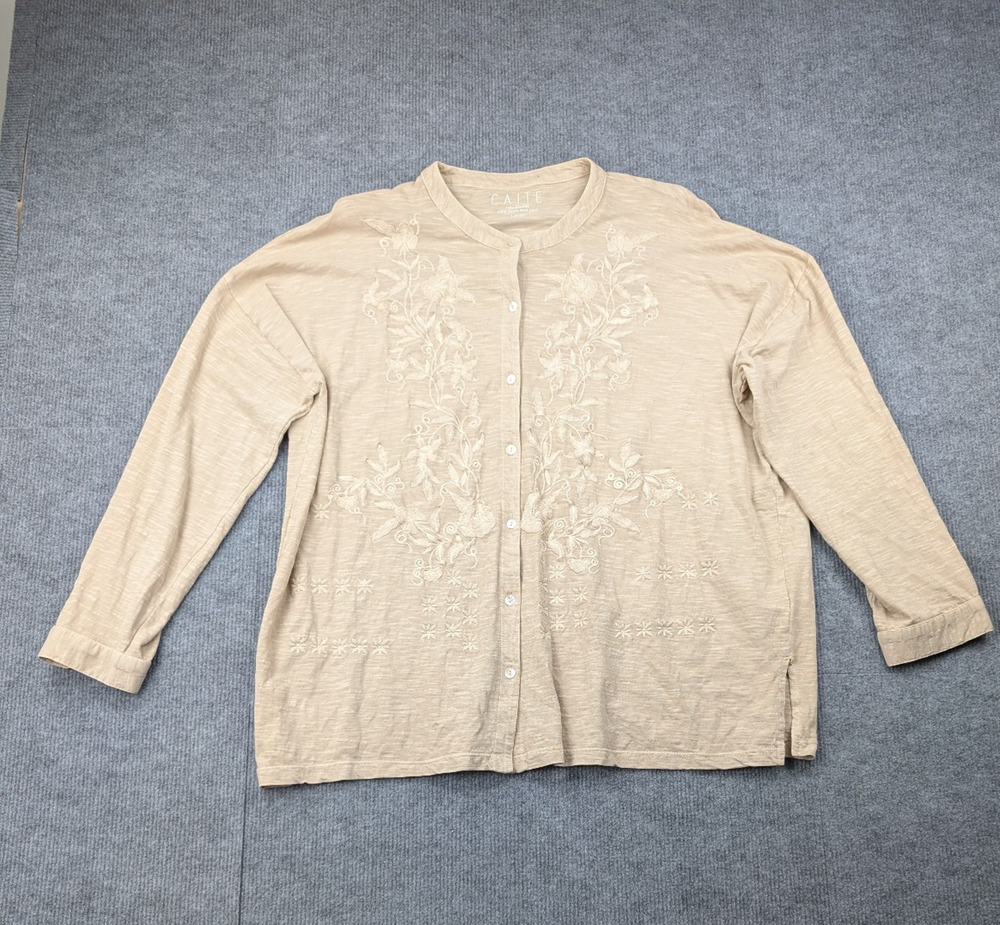 Caite Button Up Blouse Womens Large Embroiderd Boho Granola Cottage Cardigan Top